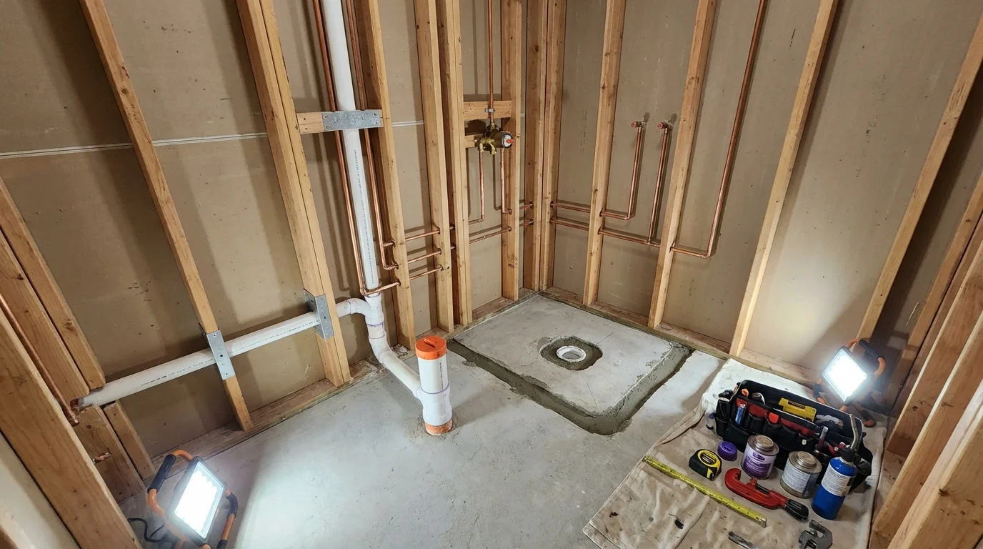 Bathroom rough-in plumbing during remodel by Johns Plumbing LLC in Dobbs Ferry