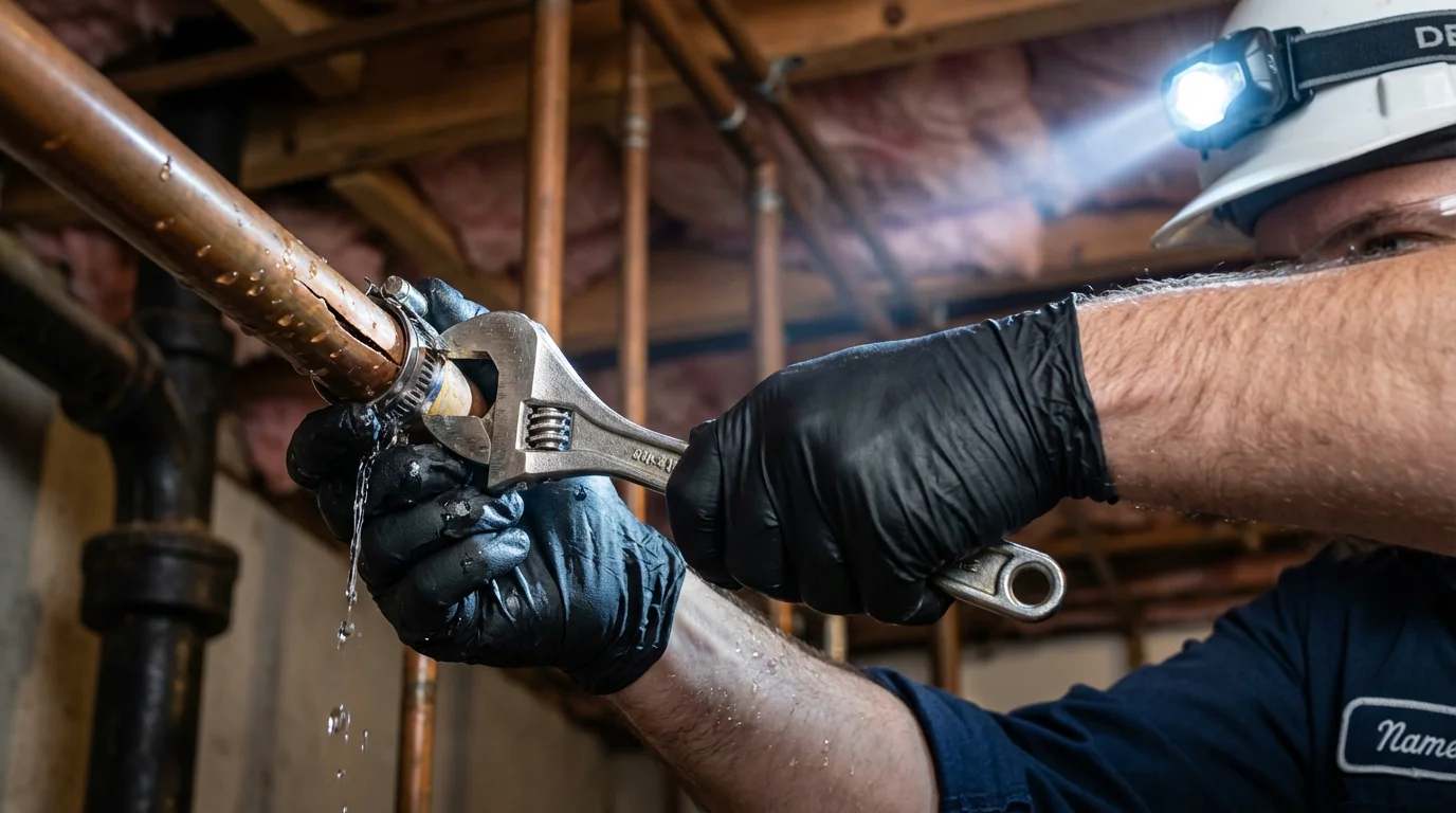 Emergency pipe clamp repair being performed by a Johns Plumbing LLC plumber in Dobbs Ferry