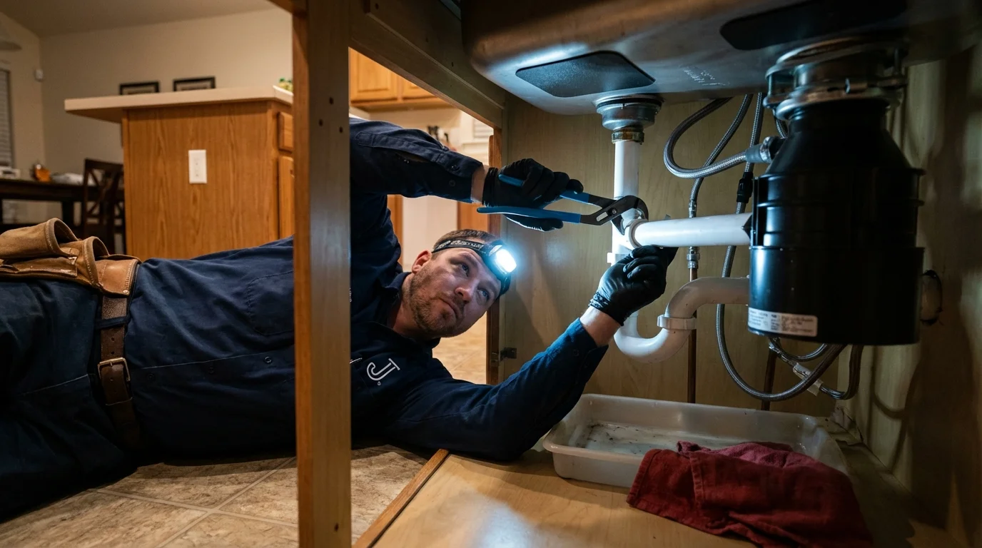 P-trap and supply line connections under a kitchen sink showing a common leak point in Dobbs Ferry, NY